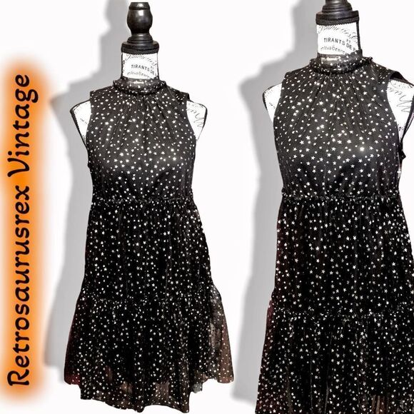 POPSUGAR Babydoll Gold Foil Star Tiered Little Black Party Dress, XS - Picture 1 of 8